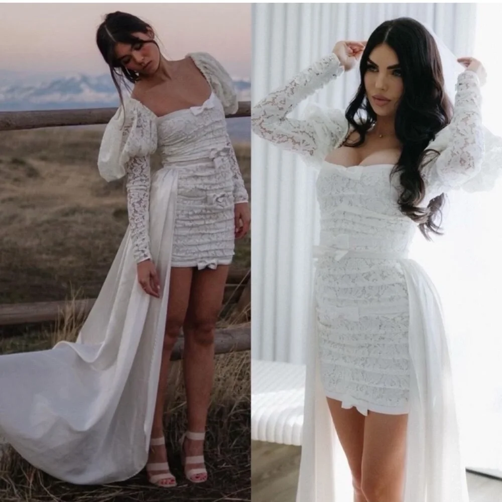 NWT For Love & Lemons Colette Lace Bow Bridal Dress With Train - Picture 3 of 14